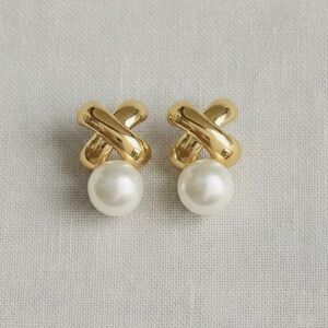 Gold X Pearl Stud Earrings (1212)